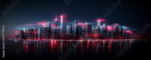 Neon-infused mixed media cyber art  digital textures fused with acrylic paints  futuristic cityscape backdrop  high-energy visuals  electric color palette  glitch effects  holographic elements 