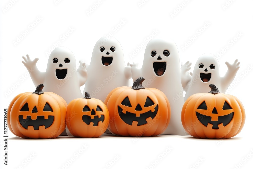 Cheerful Cartoon Ghosts and Jack o lanterns Halloween Group Shot Cheerful Cartoon Ghosts and Jack o lanterns Halloween Group Shot