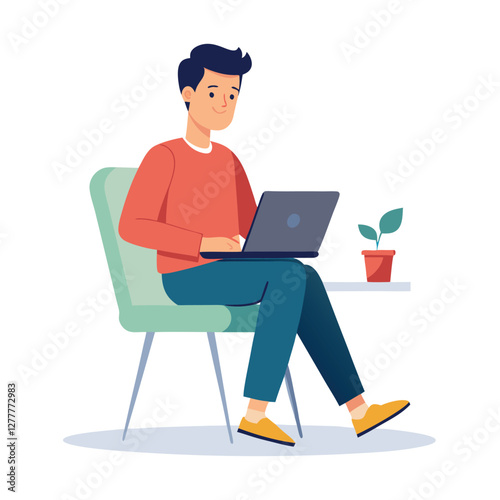 a boy is using his laptop vector	
