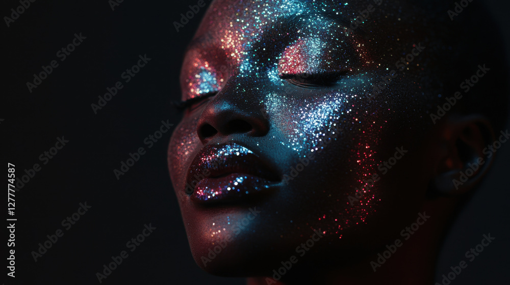 Model with a face covered in glitter Model with a face covered in glitter