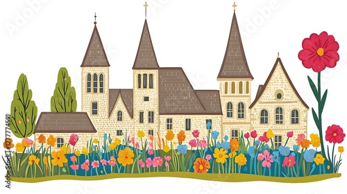 Charming Stone Church and Cottage Amidst a Vibrant Flower Garden