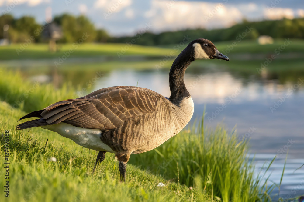 Canada goose standing by serene lake, surrounded by lush grass and nature Canada goose standing by serene lake, surrounded by lush grass and nature