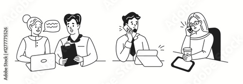 Office employees in workplaces linear icons collection. Using laptop tablet and smartphone in business environment doodle characters set on white