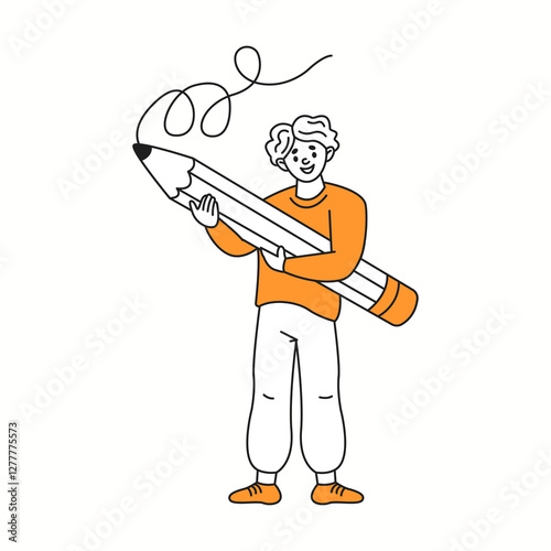 Creative man artist grips large pencil orange color linear icon. Young male prepares to draw or write characters doodle line illustration