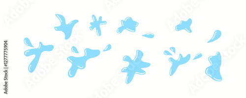 Set of blue water splashes in various shapes and sizes isolated on a white background. Perfect for design projects, animation, and graphic elements related to water, freshness, and purity.