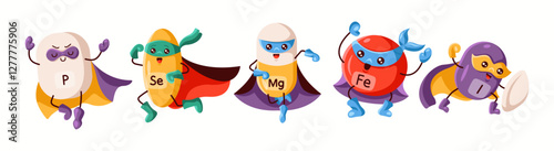 Illustration of a group of key trace elements, including phosphorus, selenium, magnesium, iron, and iodine, dressed as superheroes for health representation.