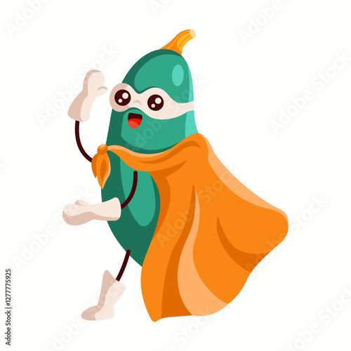 Smiling zucchini superhero in a white mask and orange cape, raising a hand. A friendly and energetic vegetable character representing health, fun, and adventure.