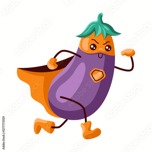 Determined eggplant superhero with a purple mask, orange cape, and heroic pose. A strong and fearless vegetable character promoting health, strength, and action.
