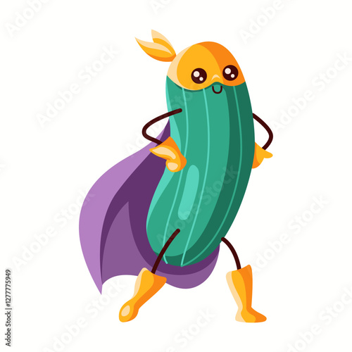 A bold cucumber superhero with a golden mask and purple cape, standing with confidence. A fun and friendly character ideal for kids' content and healthy eating concepts.