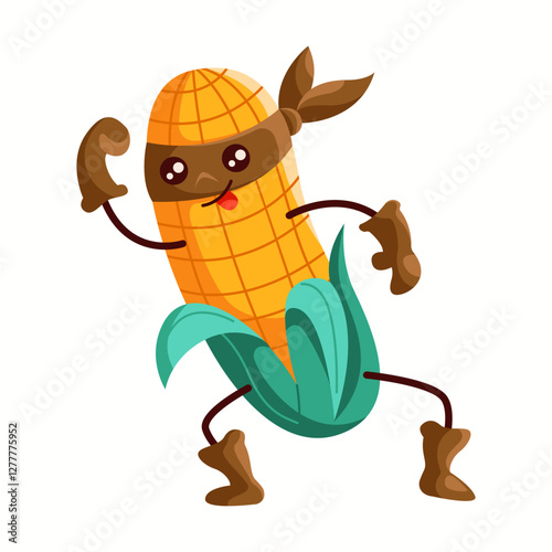 Powerful corn superhero in a brown mask and boots, flexing muscles confidently. A fun and bold vegetable character representing energy, strength, and adventure.