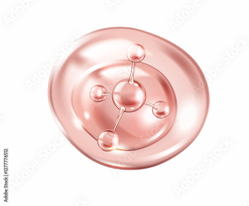 Pink collagen molecule floating inside transparent blob realistic vector illustration. Innovative skincare technology 3d object on white