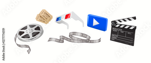 Set of realistic 3D cinema elements including a film reel, clapperboard, tickets, 3D glasses, and a play button. Ideal for entertainment and filmmaking themes.