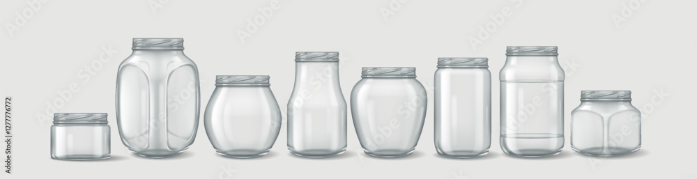 3D realistic illustration of a set of transparent glass jars without lids, ideal for product mockups, storage, and packaging design. 3D realistic illustration of a set of transparent glass jars without lids, ideal for product mockups, storage, and packaging design.