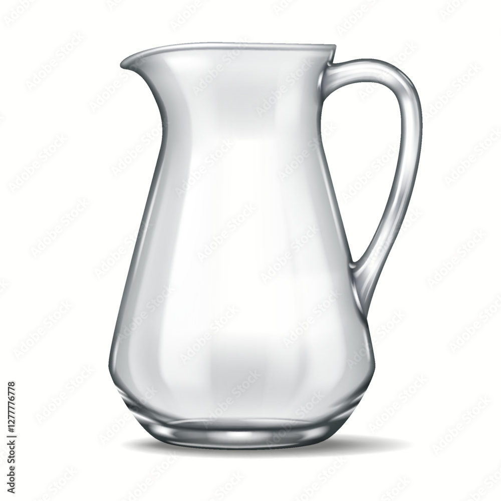 Realistic 3D rendering of a single transparent glass jug with a curved spout and smooth body. The delicate reflections and transparency highlight the beauty of the material. Realistic 3D rendering of a single transparent glass jug with a curved spout and smooth body. The delicate reflections and transparency highlight the beauty of the material.