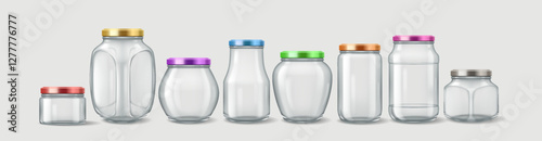 3D realistic illustration featuring a set of transparent glass jars with different colored metal lids. Perfect for kitchen storage, food preservation, and decorative purposes.