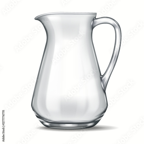 Realistic 3D rendering of a single transparent glass jug with a curved spout and smooth body. The delicate reflections and transparency highlight the beauty of the material.