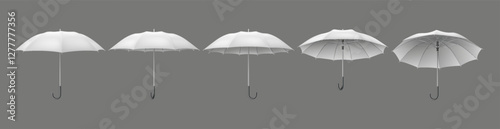 Open white umbrella-canes with handles realistic color icons set. Protection from weather and life issues 3d objects bundle on grey background