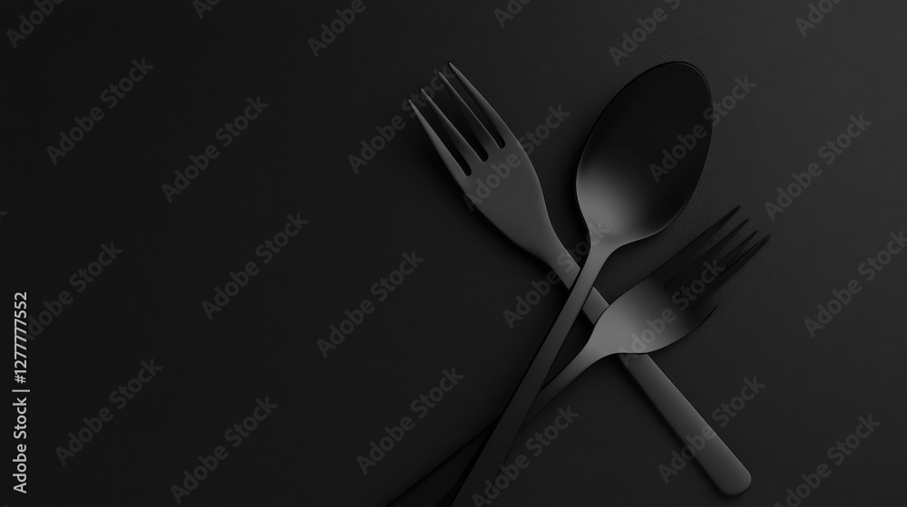 A modern and minimalist composition featuring a high-quality silver fork and spoon crossed over each other on a matte black background, emphasizing their sleek design. A modern and minimalist composition featuring a high-quality silver fork and spoon crossed over each other on a matte black background, emphasizing their sleek design.