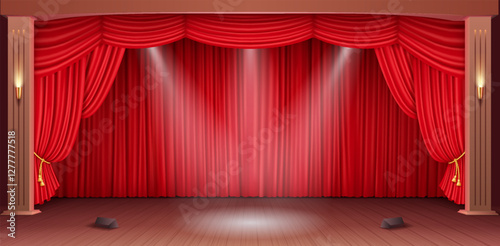 A realistic 3D vector illustration of a classic theater stage with an elegant red velvet curtain and soft ambient lighting, creating a dramatic atmosphere.