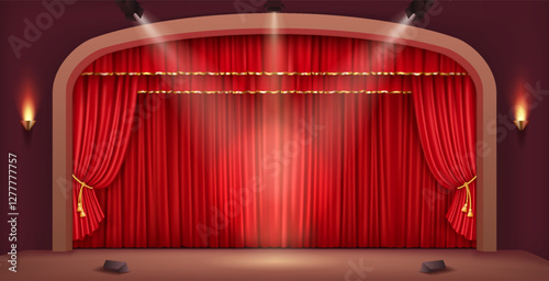 A stunning 3D vector illustration of a traditional theater stage with an arch frame, decorated with a red velvet curtain and illuminated by soft lighting.