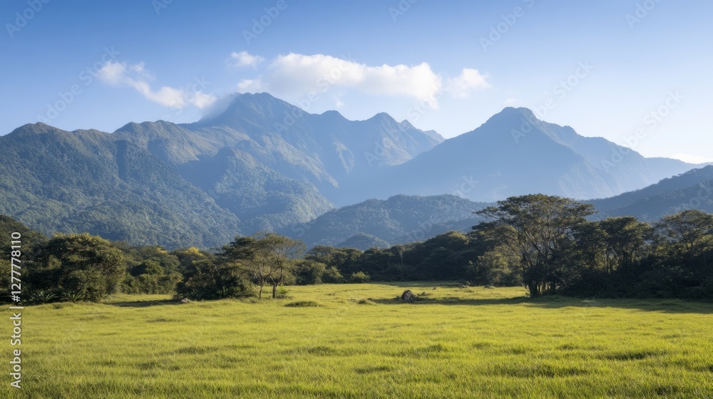 Scenic landscape of a lush green valley with towering mountains in the background under a clear blue sky, depicting serene natural beauty Scenic landscape of a lush green valley with towering mountains in the background under a clear blue sky, depicting serene natural beauty