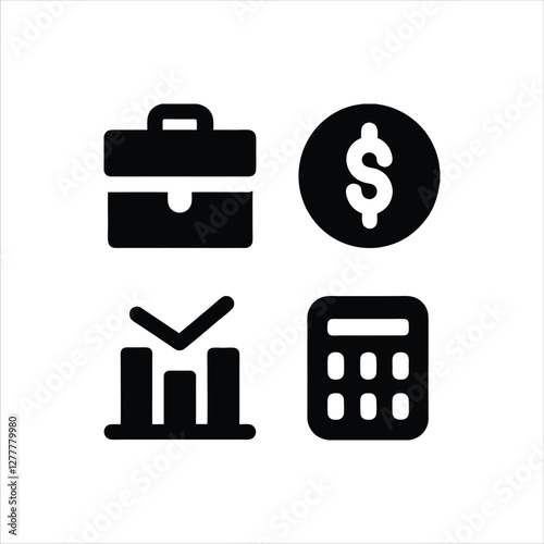  Set of nine black and white business and professional icons, including business people, briefcase, growth chart, magnifying glass, clock, globe, calculator, and other symbols representing work