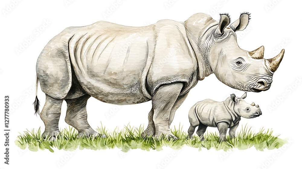 Obraz premium Watercolor Painting of a Mother White Rhinoceros and her Calf in the Grass