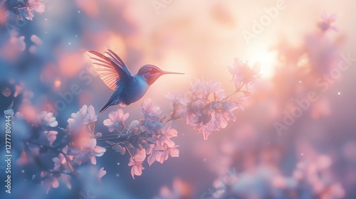 Hummingbird hovering near blossoms at sunset