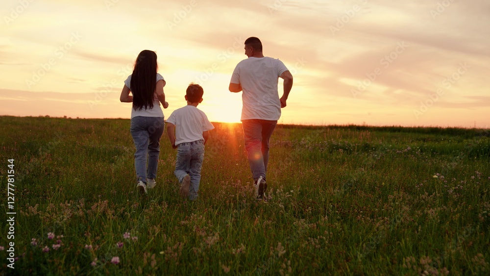Dad baby mom play together in meadow. Family runs across meadow together toward sunset. Joyful parents enjoy getaway with young son in open air. Mother, father with child enjoy active life in nature. Dad baby mom play together in meadow. Family runs across meadow together toward sunset. Joyful parents enjoy getaway with young son in open air. Mother, father with child enjoy active life in nature.