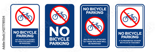 No bicycle parking sign, symbol, logo, label, icon set. Not allow bicycle sign board. No Bicycles prohibited Traffic Signage. Vector illustration.