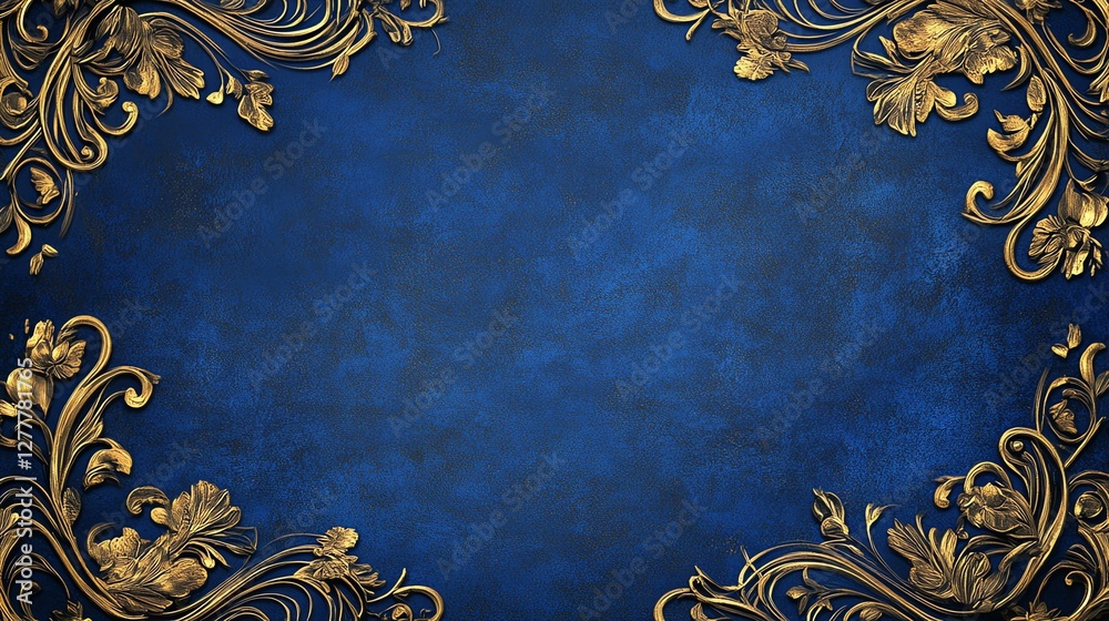Royal blue texture with golden floral patterns, creating an elegant, luxurious background. Perfect for invitations, certificates, or upscale decor designs. Royal blue texture with golden floral patterns, creating an elegant, luxurious background. Perfect for invitations, certificates, or upscale decor designs.