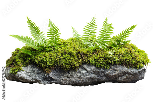 Lush ferns growing on a mossy rock formation photo