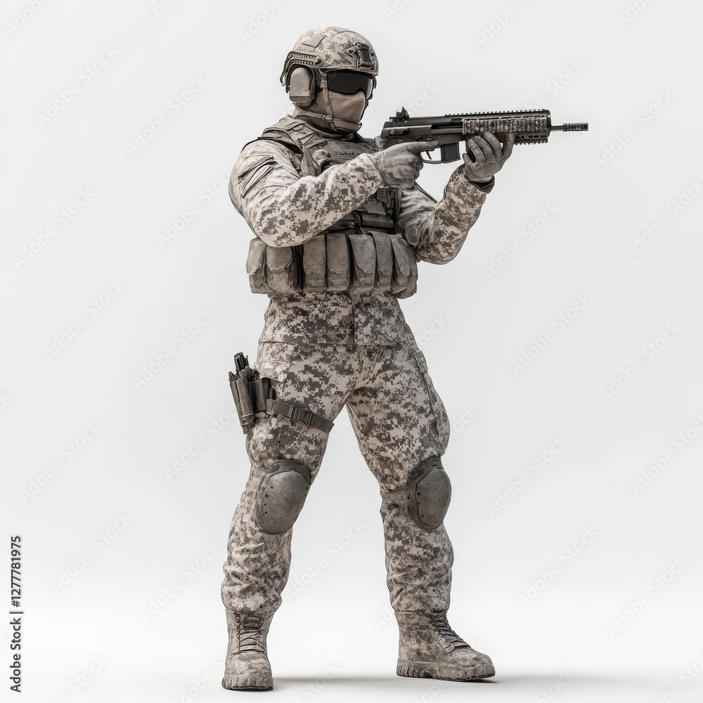 3D Soldier in Camouflage Uniform Holding Gun in Action Pose 3D Soldier in Camouflage Uniform Holding Gun in Action Pose