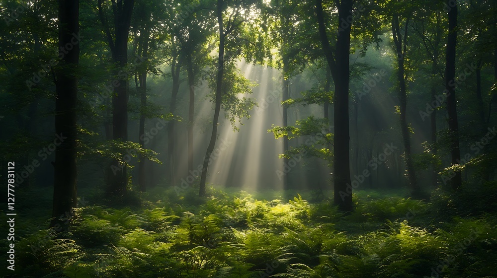 Obraz premium Sunbeams Illuminate Misty Forest Ferns And Trees
