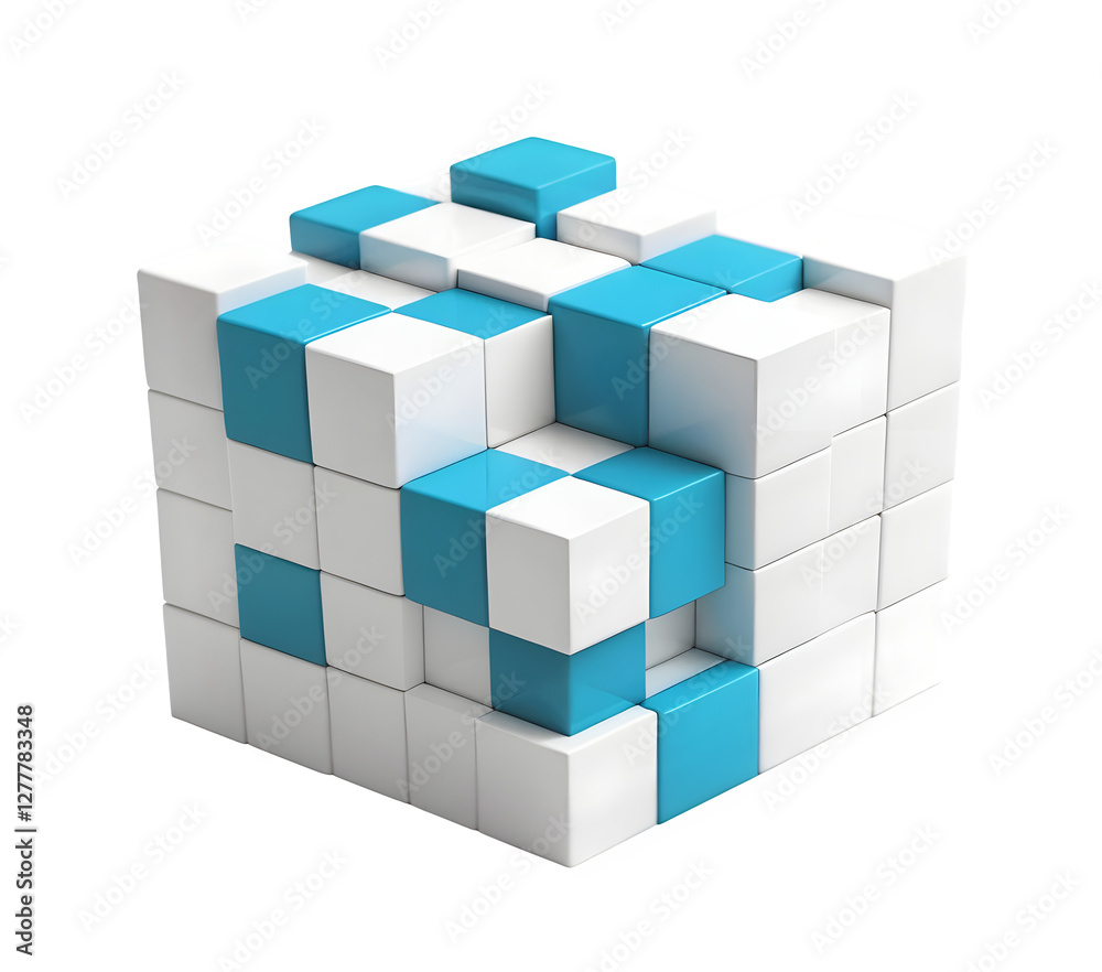 3D graphic showing a cube being put together from individual blocks. It's set against a white background, perfect for your design needs. 3D graphic showing a cube being put together from individual blocks. It's set against a white background, perfect for your design needs.