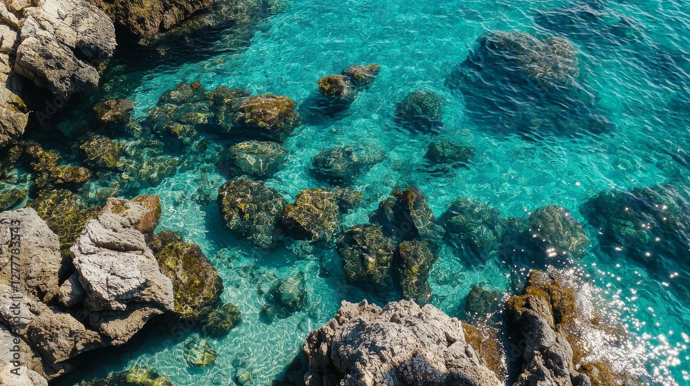 On a sunny day, crystal-clear turquoise waters, rocky formations and a Mediterranean coastline can be seen from the sky On a sunny day, crystal-clear turquoise waters, rocky formations and a Mediterranean coastline can be seen from the sky