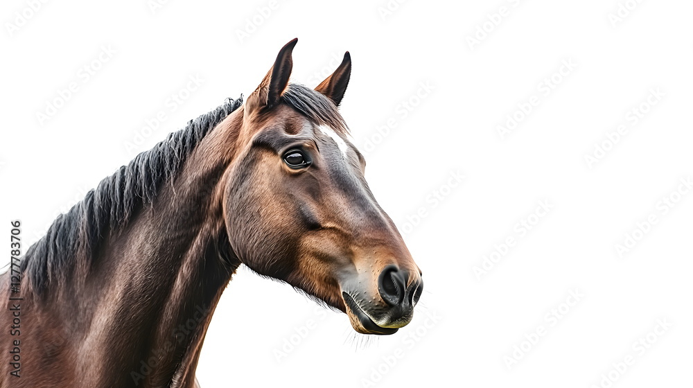 Obraz premium The horse is thinking about something, white background, high resolution photography, professional color grading, soft shadows, no contrast, clean sharp focus digital photography. High quality photo