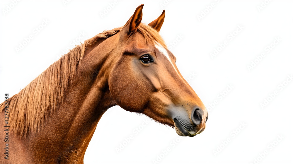 Obraz premium The horse is thinking about something, white background, high resolution photography, professional color grading, soft shadows, no contrast, clean sharp focus digital photography. High quality photo