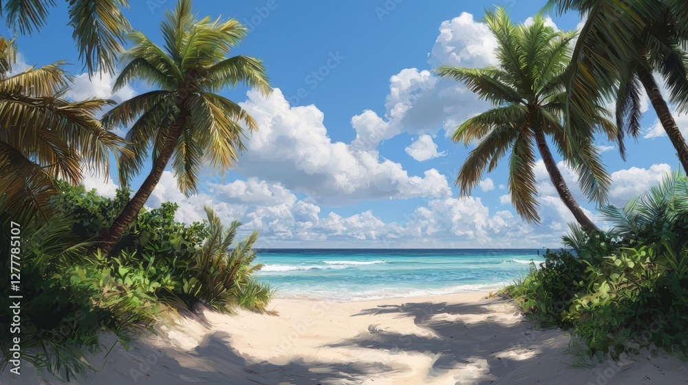 Fototapeta premium Tropical beach view framed by palms and blue sky.