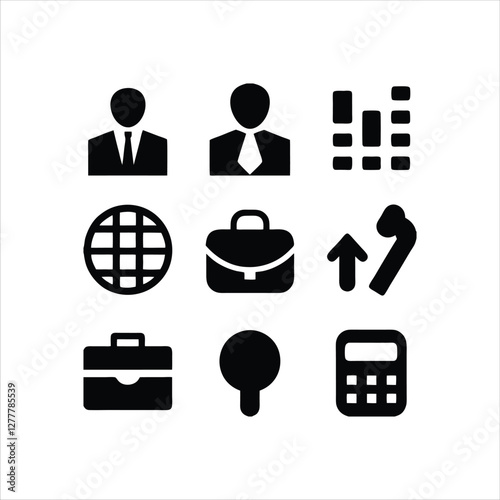  Set of nine black and white business and professional icons, including business people, briefcase, growth chart, magnifying glass, clock, globe, calculator, and other symbols representing work