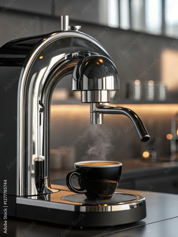 Chrome Espresso Machine Dispensing Hot Beverage in Modern Kitchen Chrome Espresso Machine Dispensing Hot Beverage in Modern Kitchen