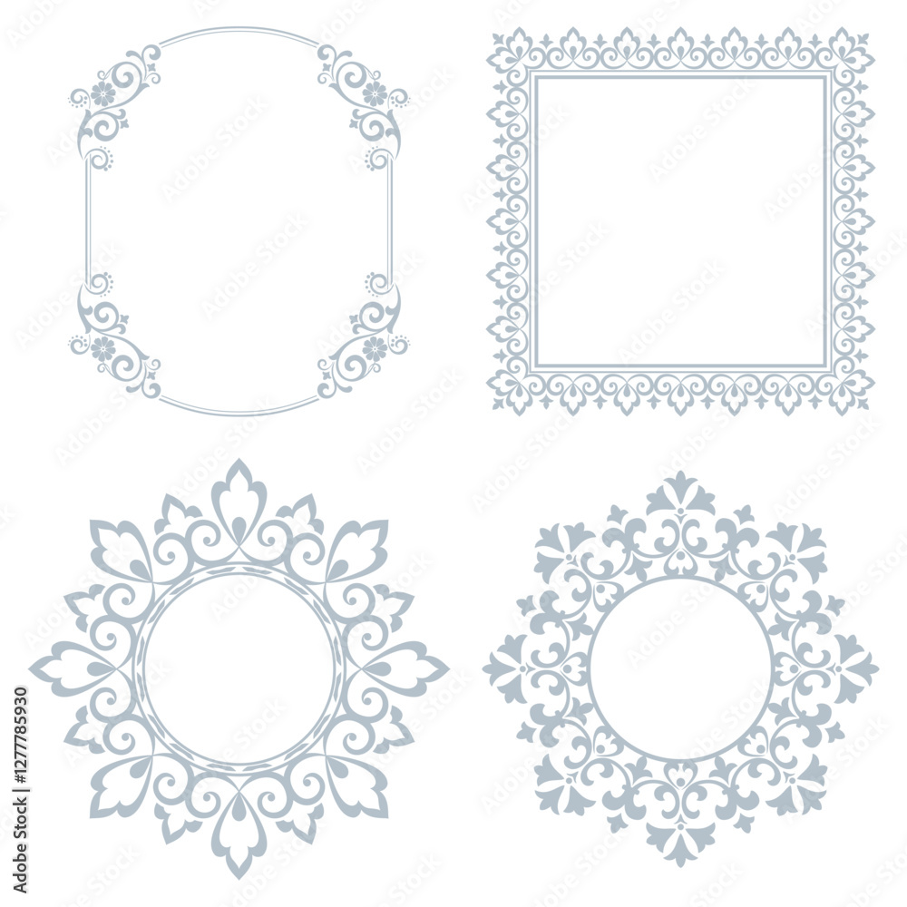Set of decorative frames Elegant vector element for design in Eastern style, place for text. Floral gray and white borders. Lace illustration for invitations and greeting cards Set of decorative frames Elegant vector element for design in Eastern style, place for text. Floral gray and white borders. Lace illustration for invitations and greeting cards