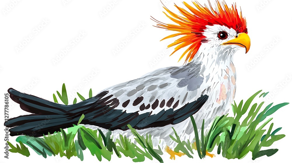 Obraz premium Majestic Secretarybird in Lush Grassland Vibrant Watercolor Illustration.