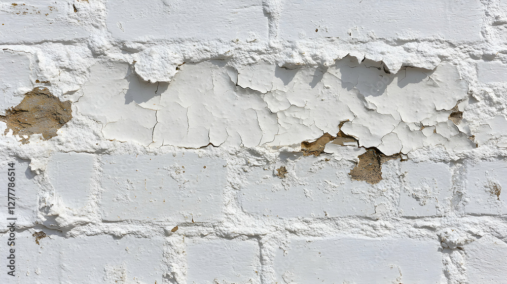 Fototapeta premium Weathered white brick wall texture with peeling paint, showing age and decay. Ideal for design backgrounds.