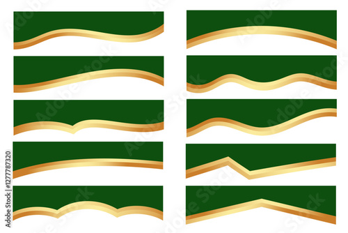 Border shapes for banner design. Green header sections with golden lines. Abstract vector bottom background for web page. Curved divider templates. Wavy horizontal separator set