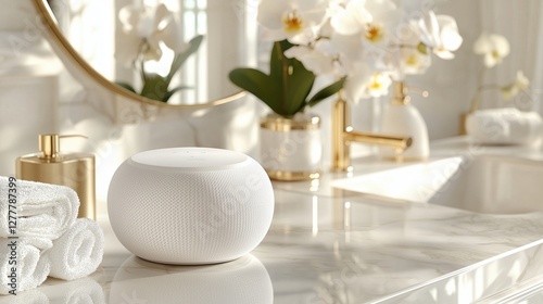 Wallpaper Mural Elegant White Smart Speaker on Luxurious Marble Bathroom Counter with Gold Accents and Orchids Torontodigital.ca