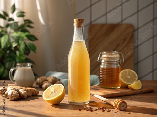 Homemade Kombucha with Lemon and Ginger on Wooden Surface photo