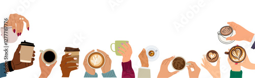 Border, background with different multiracial hands holding cups, mugs with coffee, cappuccino, latte, tea top, side view. Vector design for banner, card, invitation. Isolated