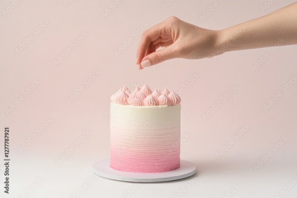 Delicate hand enhances elegance of a pink and white ombre cake against a soft backdrop Delicate hand enhances elegance of a pink and white ombre cake against a soft backdrop