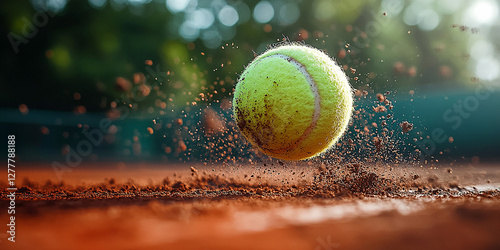 A close-up of a tennis ball, Flying tennis ball in explosion of red dust  photo